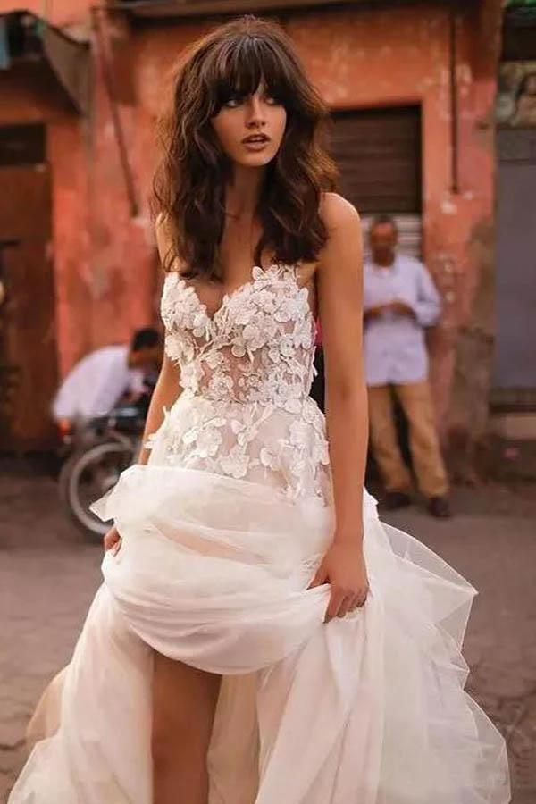 Wedding Dresses Straps A-line Backless Brush Train Tulle Long Bridal Gown (ZD16013)