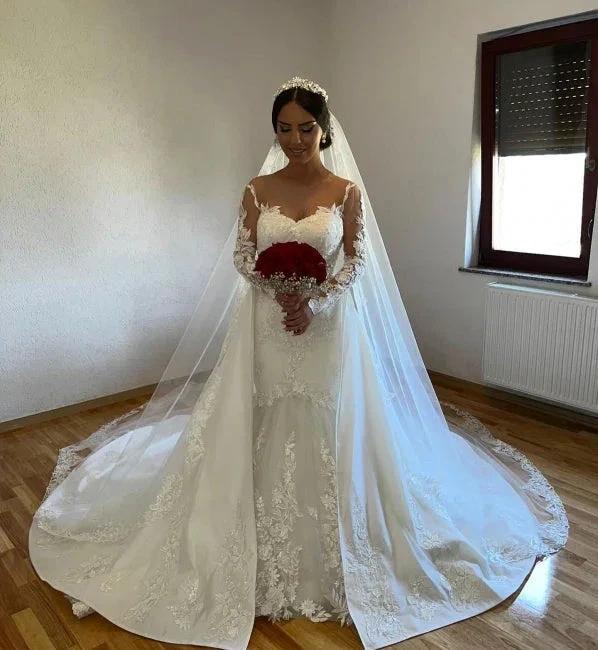 White A-line Lace Mermaid Wedding Gown with Detachable Sweep Train (ZD14632)