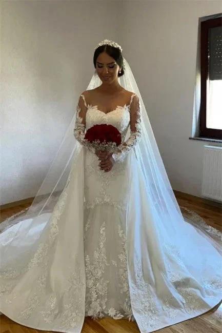 White A-line Lace Mermaid Wedding Gown with Detachable Sweep Train (ZD14632)