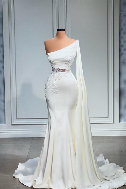 White Asymmetric One-Shoulder Mermaid Stretch Satin Evening Prom Dresses