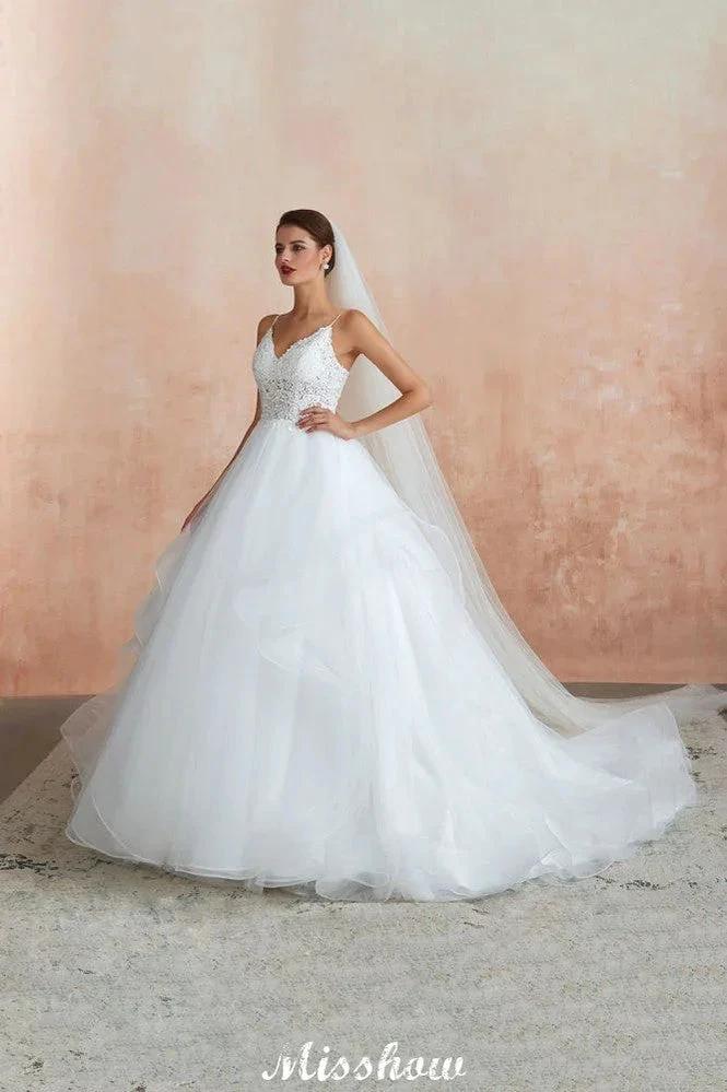 White Ball Gown Wedding Dress with Chapel Train, Spaghetti Strap See-through Lace up Bridal Gowns for Sale (ZD13974)