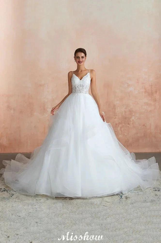 White Ball Gown Wedding Dress with Chapel Train, Spaghetti Strap See-through Lace up Bridal Gowns for Sale (ZD13974) - View 4 | VelvetHem