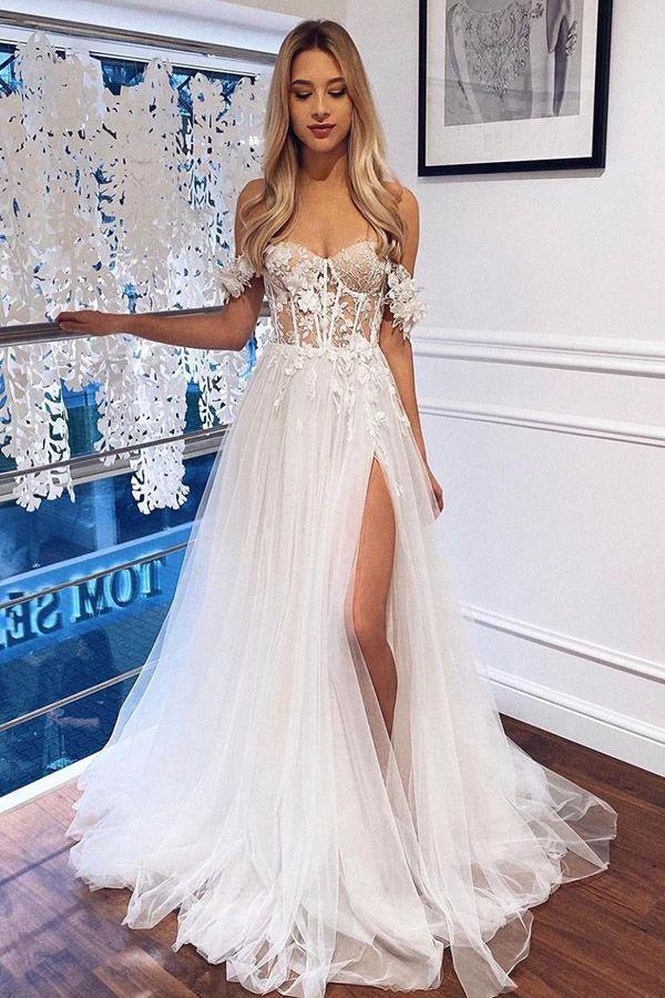 White Boho Long A Line Lace Off The Shoulder Wedding Dress with Slit (ZD15011)