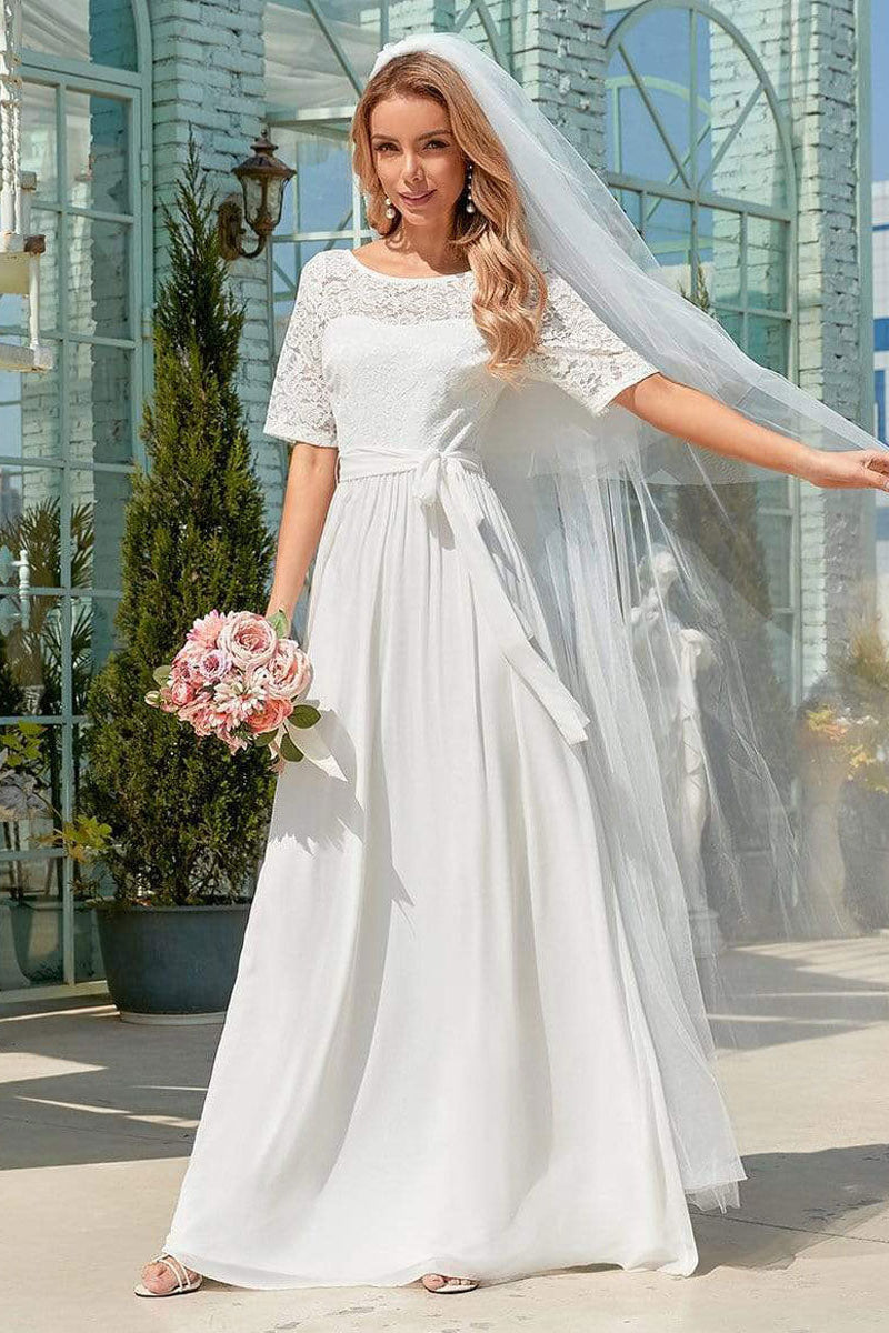 White Casual Wedding Dress Chiffon Jewel Neck Short Sleeves Sash A-Line Long Bridal Gowns