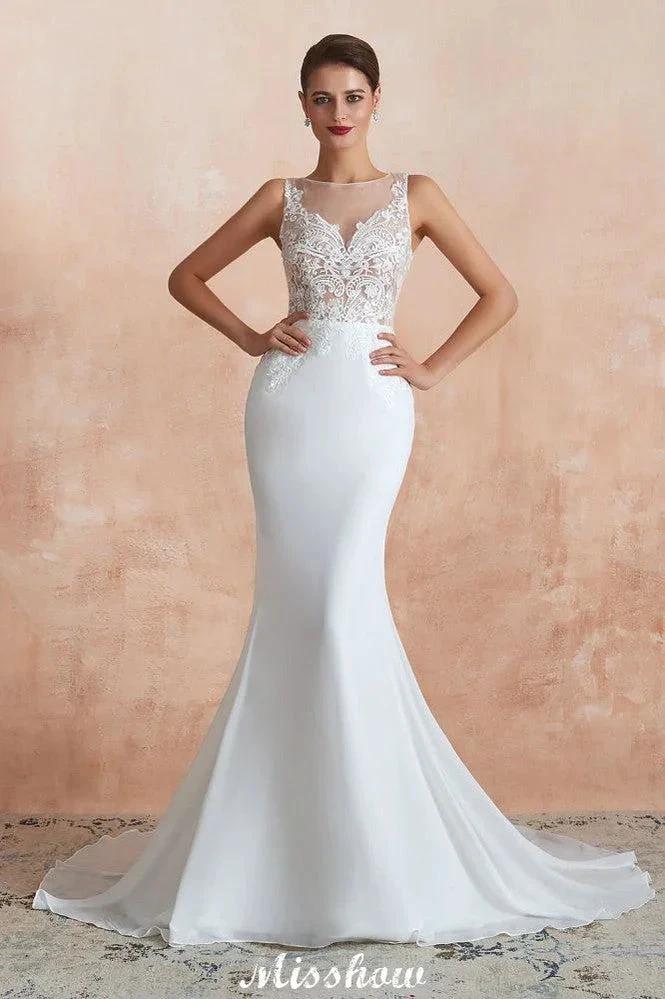 White Illusion Neck Column Wedding Dress Sleeveless Bridal Gowns (ZD13969)