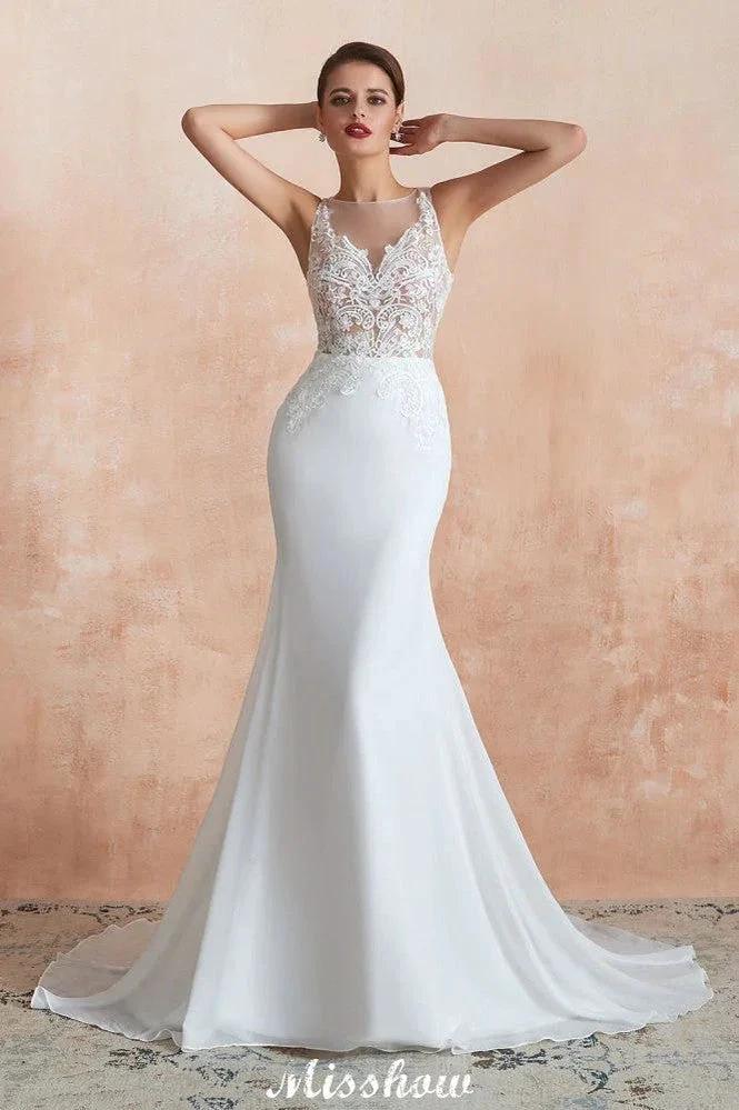 White Illusion Neck Column Wedding Dress Sleeveless Bridal Gowns (ZD13969)