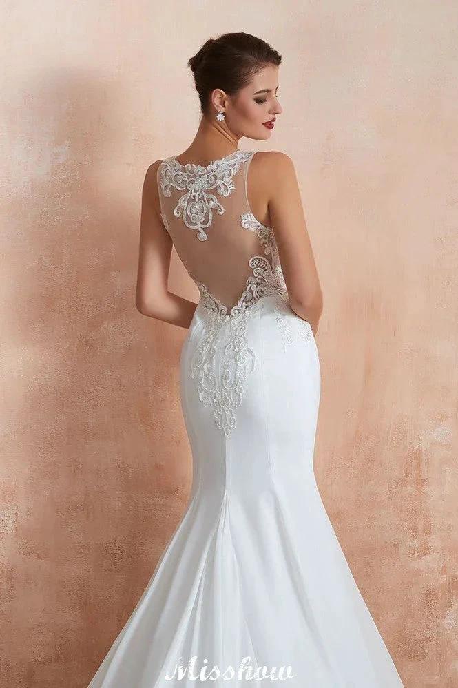 White Illusion Neck Column Wedding Dress Sleeveless Bridal Gowns (ZD13969)