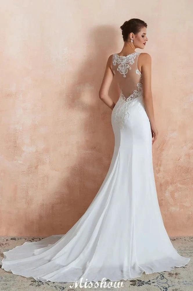 White Illusion Neck Column Wedding Dress Sleeveless Bridal Gowns (ZD13969)