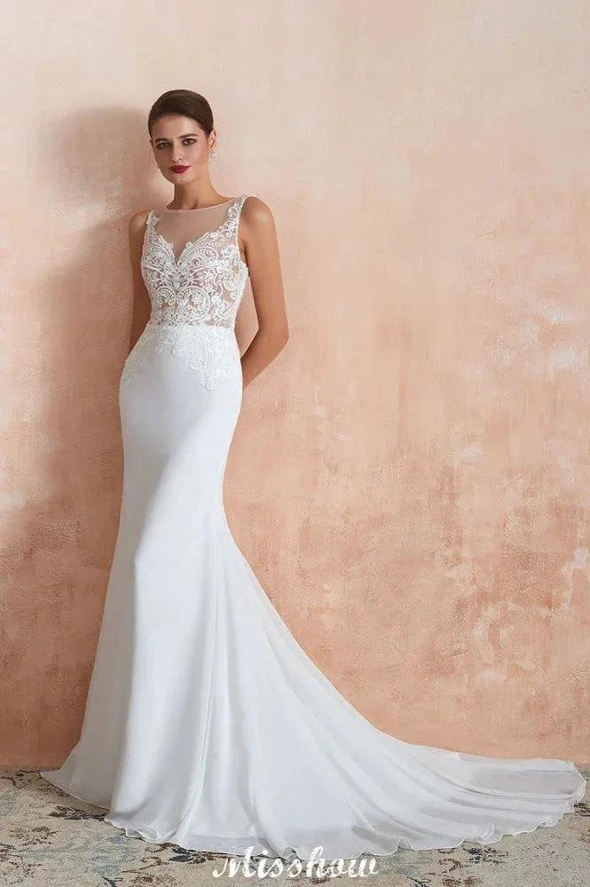White Illusion Neck Column Wedding Dress Sleeveless Bridal Gowns by misshow.com