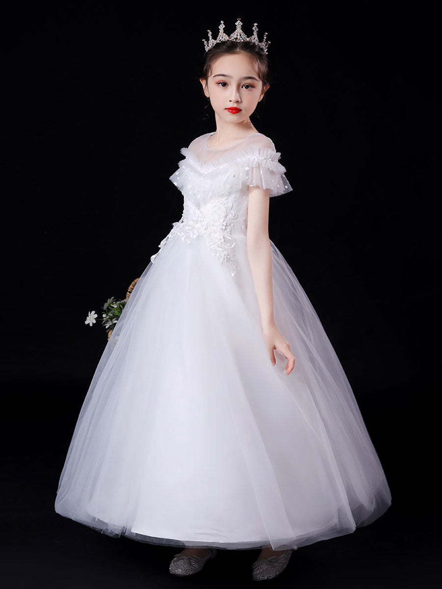 White Illusion Neckline Short Sleeves Ankle-Length Princess Dress Flowers Beaded Embellishment Tulle Kids Party Dresses