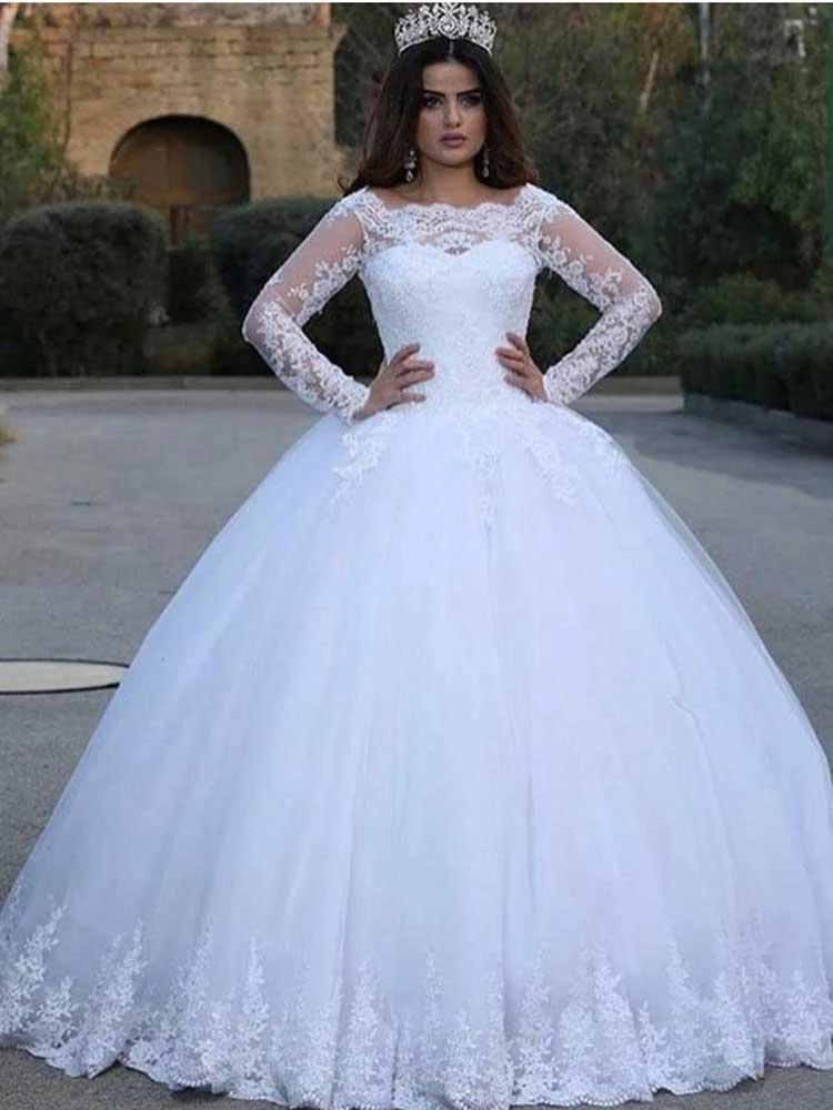 White Long A-line Lace Appliques Tulle Wedding Dresses with Sleeves (ZD15913)