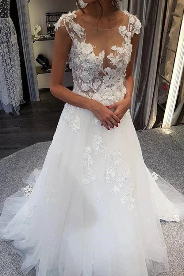 White Long A-line Tulle Lace Appiliques Wedding Dresses (ZD15008)
