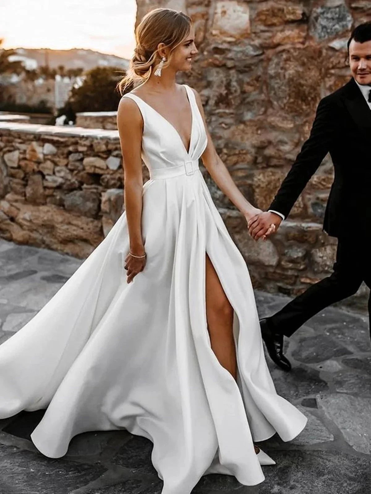 White Long A-line V-neck Satin Backless Wedding Dresses with Slit (ZD16746)