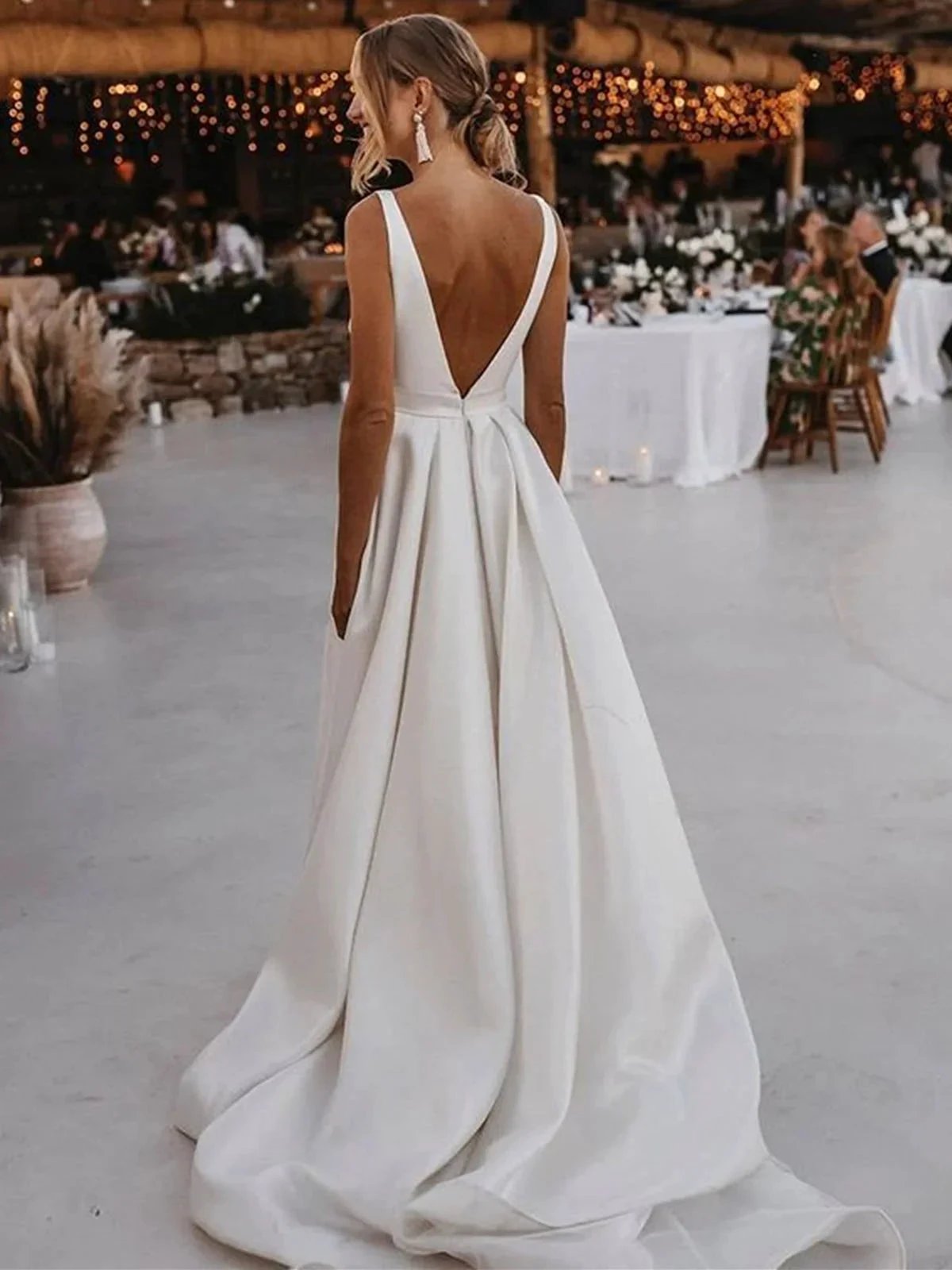 White Long A-line V-neck Satin Backless Wedding Dresses with Slit (ZD16746)