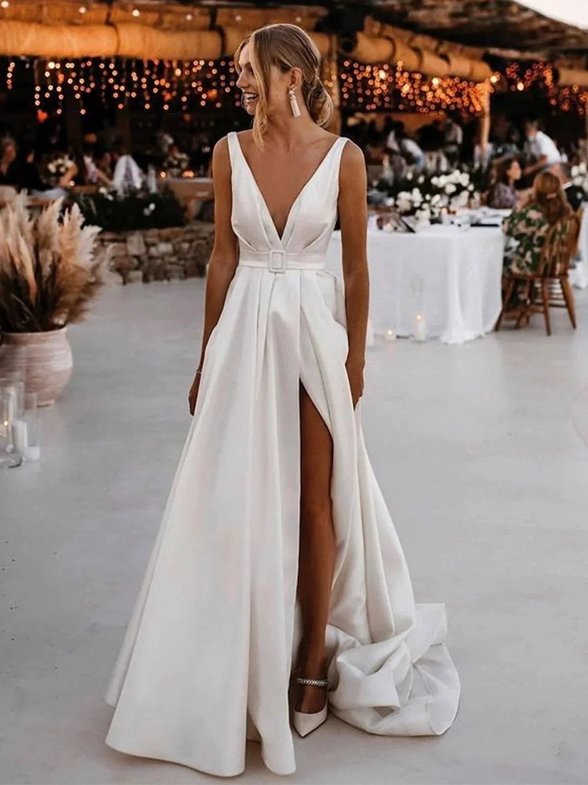 White Long A-line V-neck Satin Backless Wedding Dresses with Slit (ZD16746)