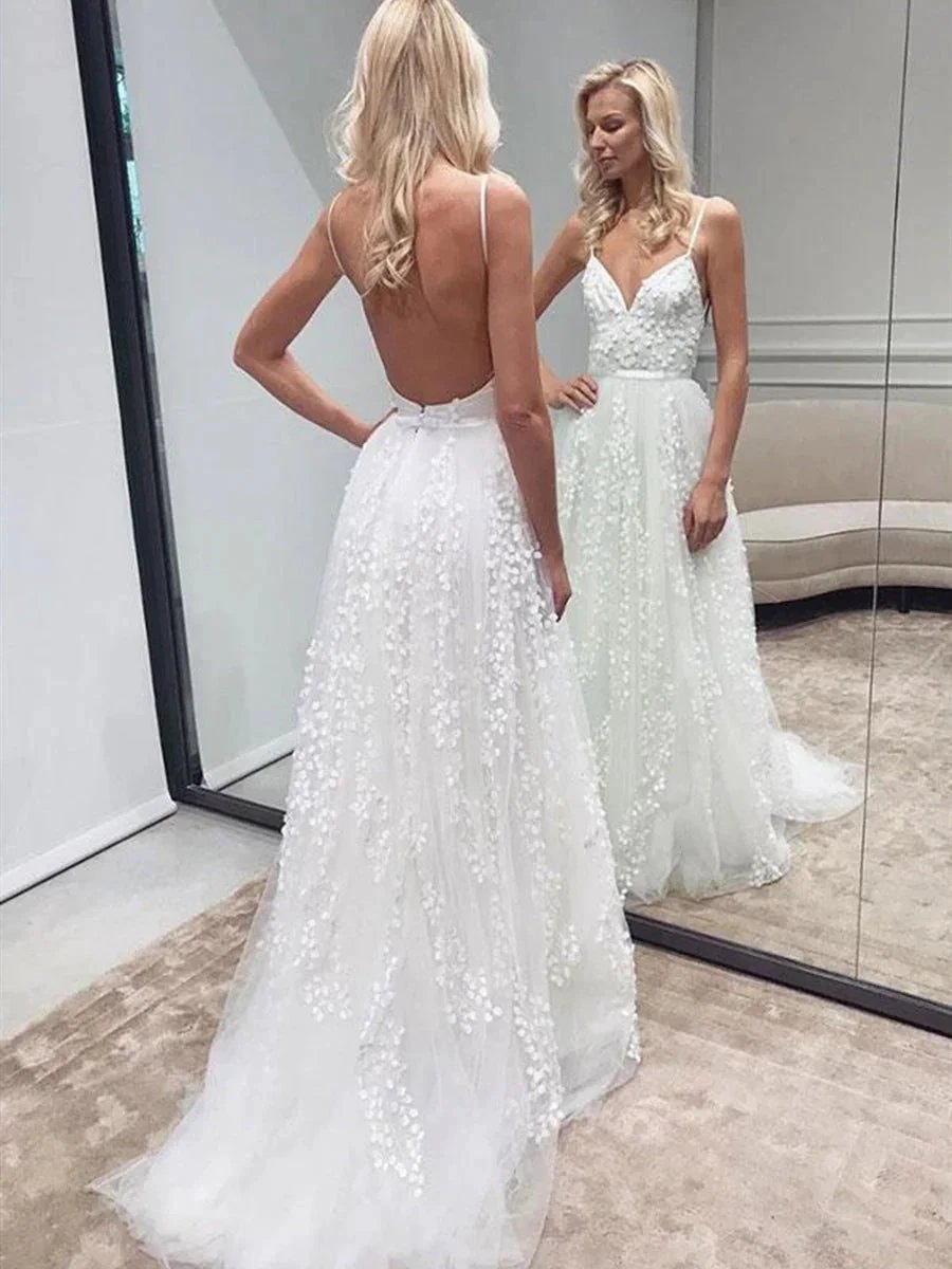 White Long A-line V-neck Tulle Lace Backless Wedding Dresses (ZD16732)