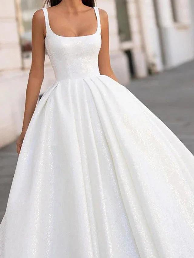 White Long Ball Gown Scoop Neck Court Train Satin Wedding Dresses (ZD15935)