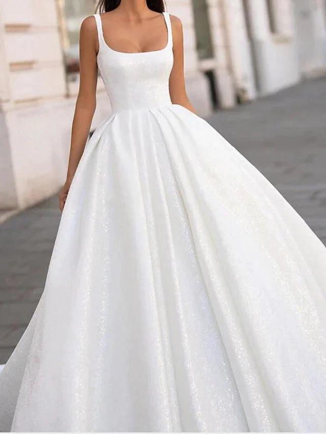 White Long Ball Gown Scoop Neck Court Train Satin Wedding Dresses (ZD15935)