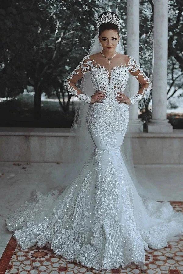 White Long Mermaid Lace Wedding Dresses with Sleeves (ZD15004)