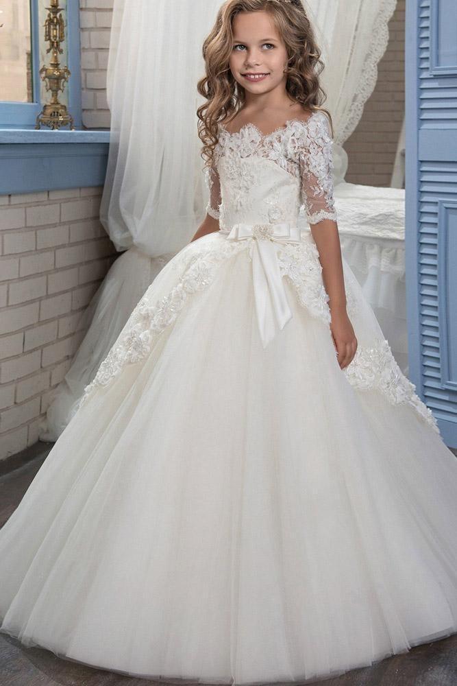 White Off The Shoulder 1/2 Sleeves Ball Gown Flower Girls Dress - VelvetHem