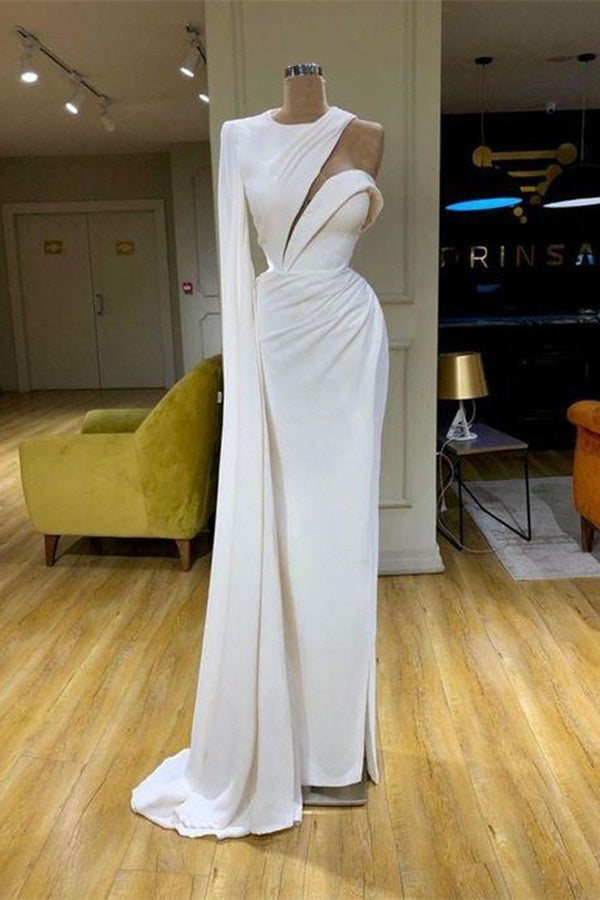 White One-Shoulder Mermaid Prom Dress High Neck Evening Gown
