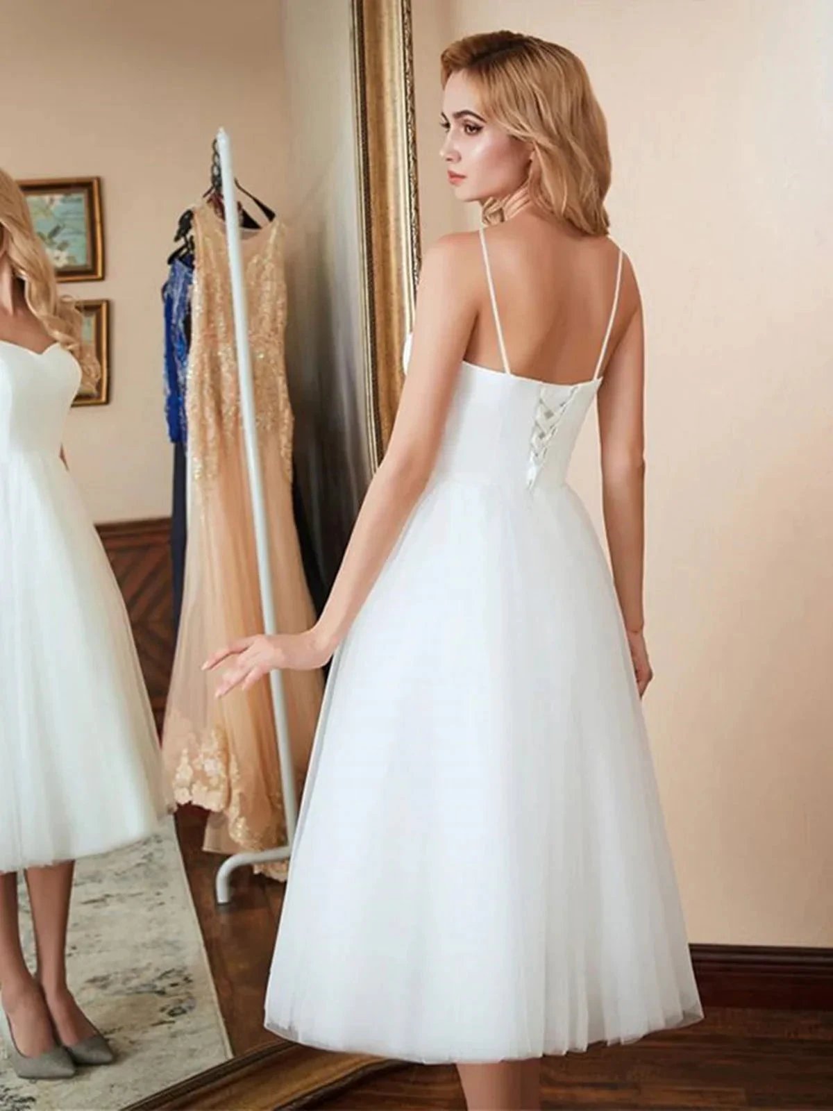 White Short A-line Sweetheart Tulle Tea Length Wedding Dresses (ZD16745)