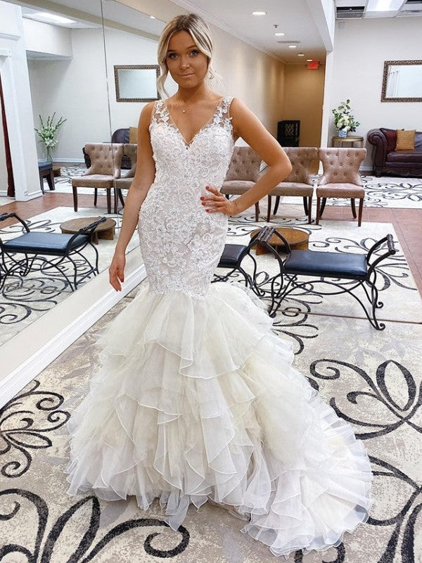 V-Neck Lace Mermaid Wedding Dress Illusion Back Tiered Ruffle Tulle Train Bridal Gown