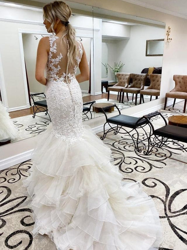 V-Neck Lace Mermaid Wedding Dress Illusion Back Tiered Ruffle Tulle Train Bridal Gown