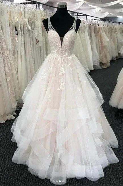 White Tulle V Neck Open Back Long Layered Wedding Dress (ZD16423)