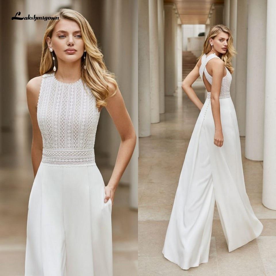 White Wedding Jumpsuit Beach Wedding Dresses O Neck Floor Length Boho Wedding Gowns Outfit Customize lace Robe De Soiree - VelvetHem