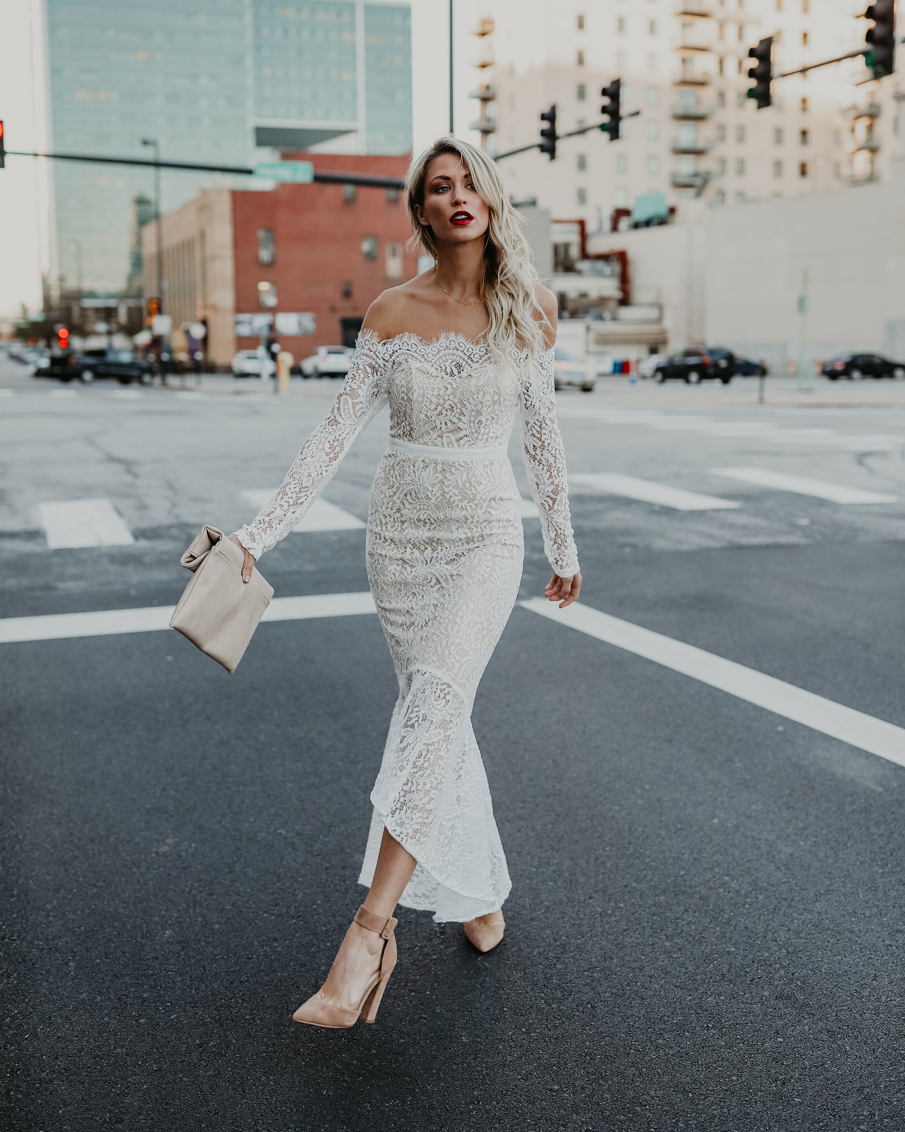 Elegance Lace Trumpet Dress White