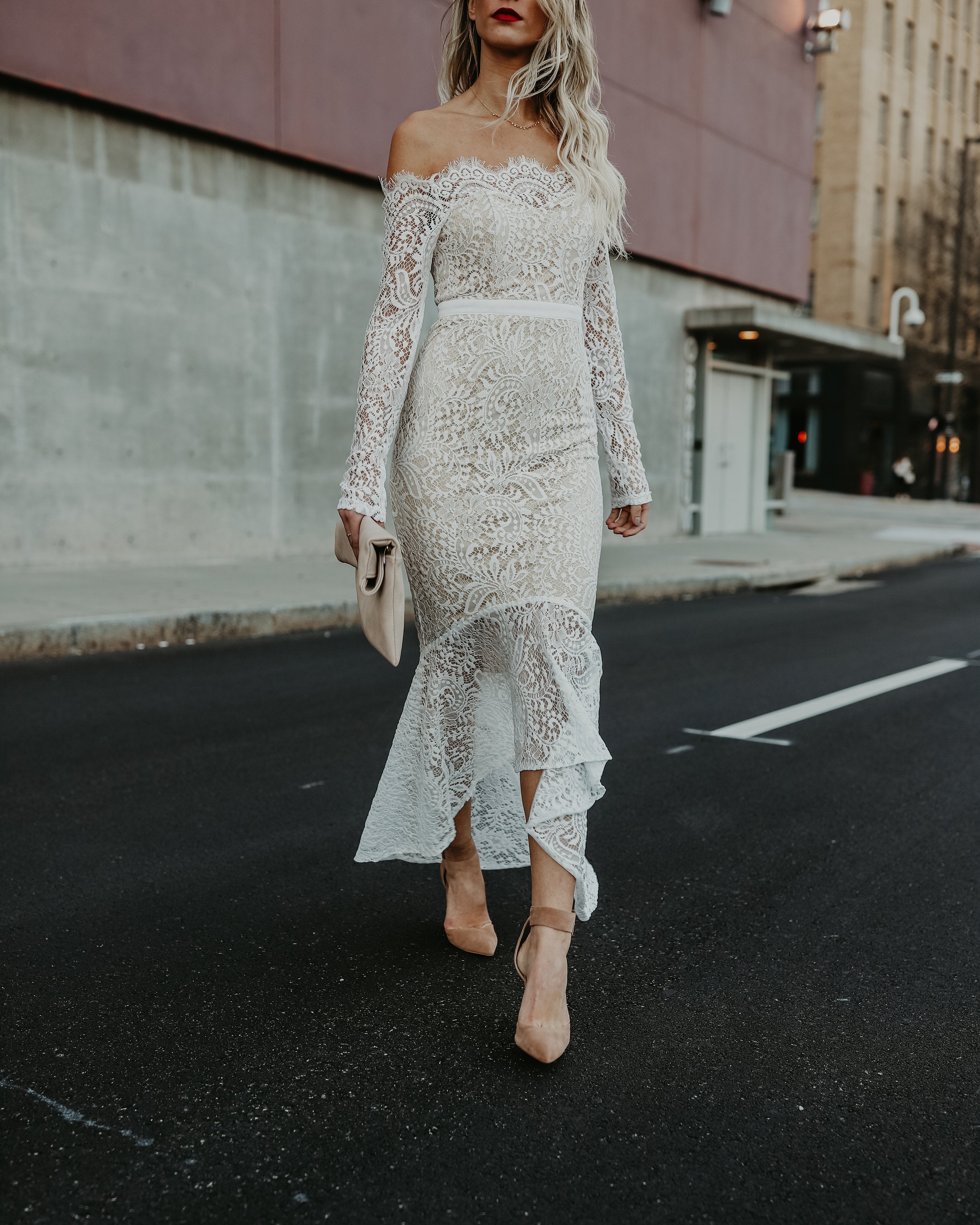 Elegance Lace Trumpet Dress White