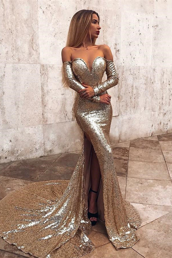 Wholesale Off-the-Shoulder Champagne Sequins Prom Dresses Elegant Long Sleeves Side Slit Evening Gowns