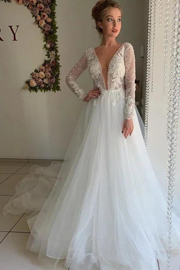 Winter Warm Long Sleeves V-Neck Tulle Princess Wedding Dress (ZD13827)