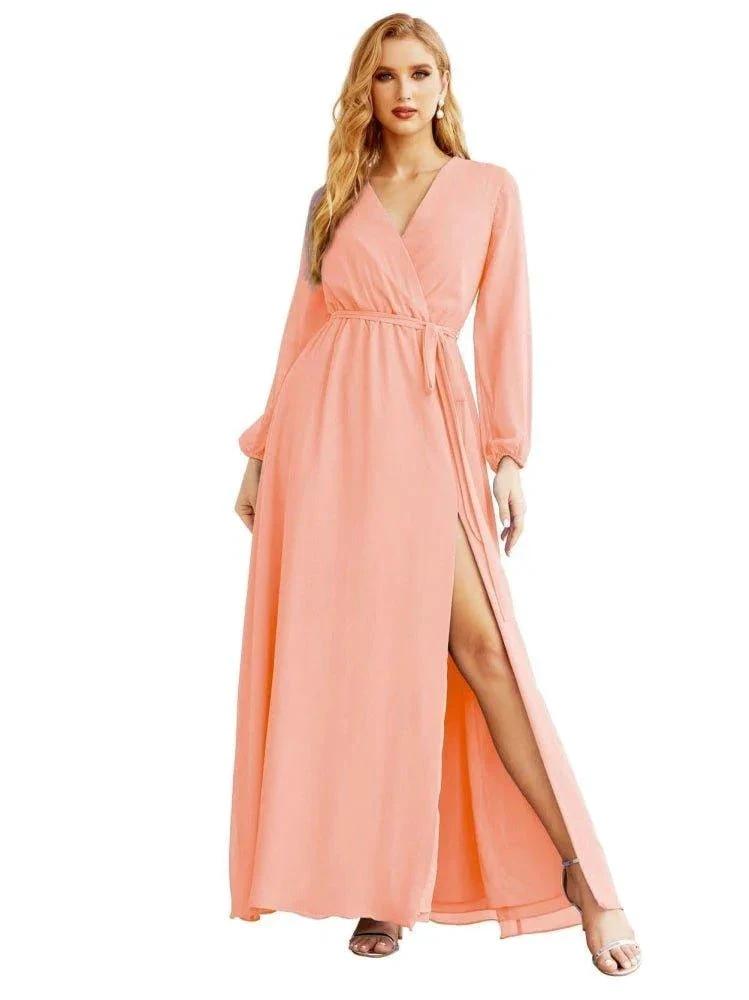 Women's Chiffon Bridesmaid Dress A line Long Sleeves Formal Evening Prom Gown for Wedding Guest SEA28032 by numbersea