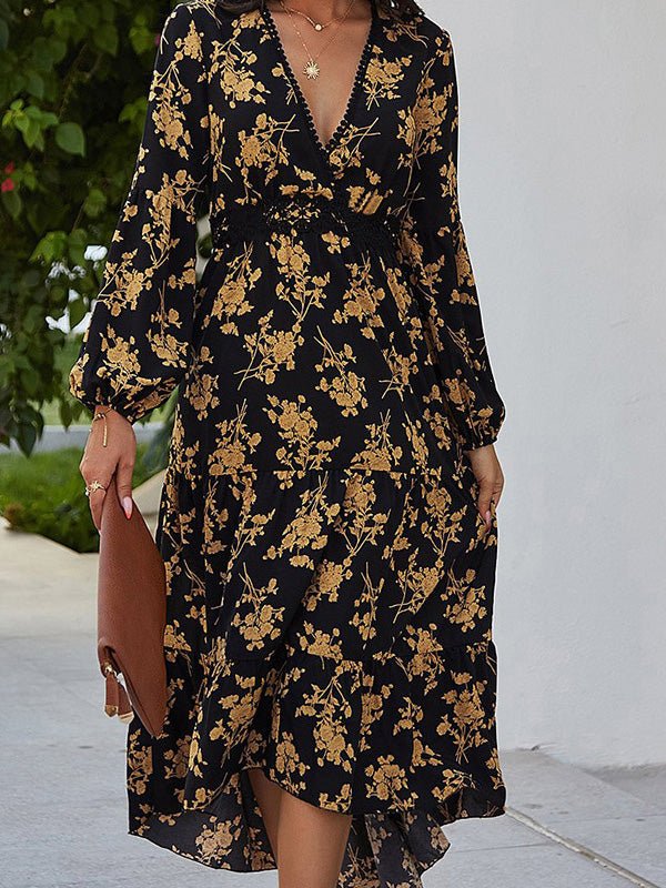 V-Neck Vintage Print Long Sleeve Dress