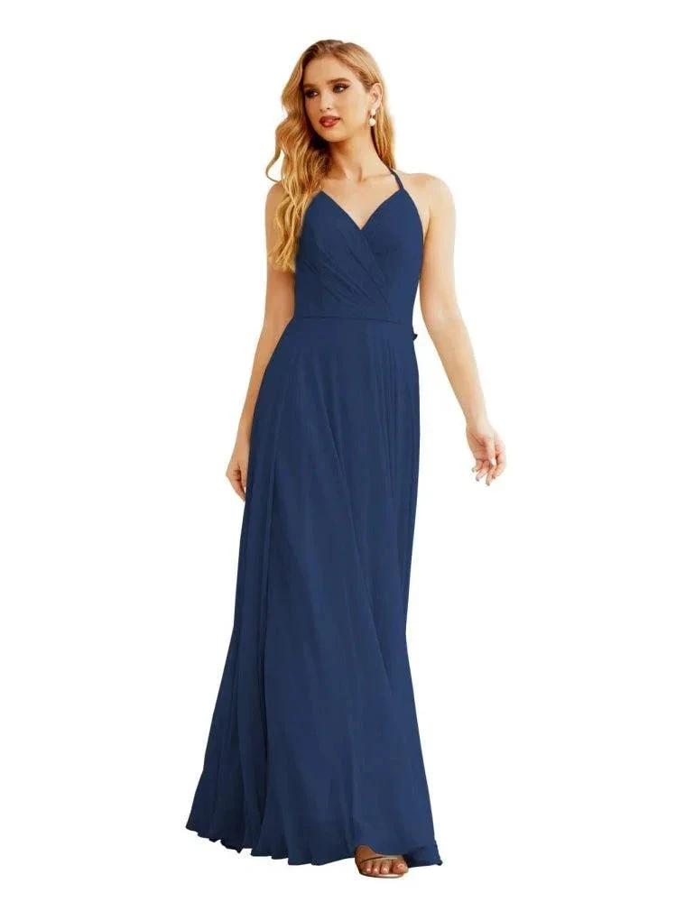 Women's Halter Chiffon Bridesmaid Dresses Wedding Apparel Long Sleeveless Formal Prom Dress with Ruffled Back SEA28035 by numbersea