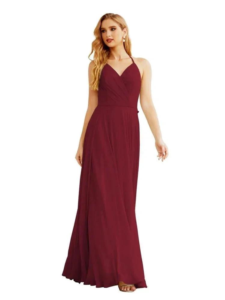 Women's Halter Chiffon Bridesmaid Dresses Wedding Apparel Long Sleeveless Formal Prom Dress with Ruffled Back SEA28035 by numbersea