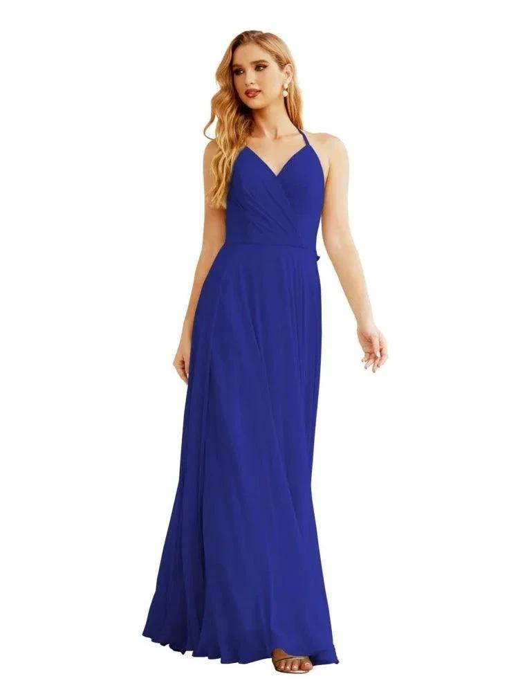 Women's Halter Chiffon Bridesmaid Dresses Wedding Apparel Long Sleeveless Formal Prom Dress with Ruffled Back SEA28035 by numbersea