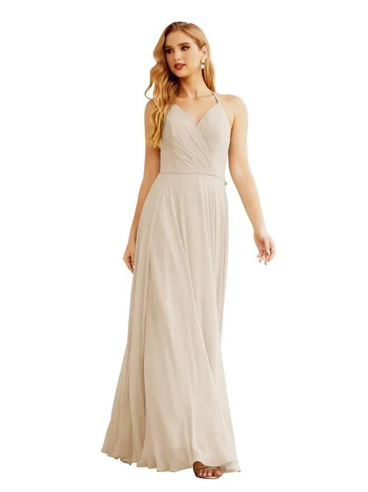 Women's Halter Chiffon Bridesmaid Dresses Wedding Apparel Long Sleeveless Formal Prom Dress with Ruffled Back SEA28035 by numbersea