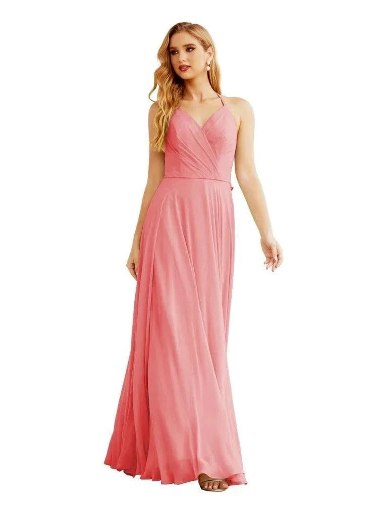 Women's Halter Chiffon Bridesmaid Dresses Wedding Apparel Long Sleeveless Formal Prom Dress with Ruffled Back SEA28035 by numbersea