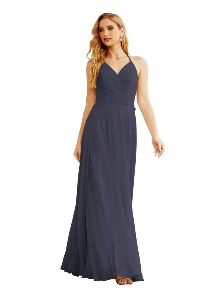 Women's Halter Chiffon Bridesmaid Dresses Wedding Apparel Long Sleeveless Formal Prom Dress with Ruffled Back SEA28035 by numbersea