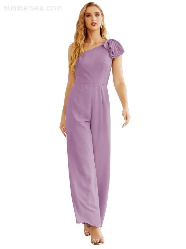 Women's One Shoulder Chiffon Long Jumpsuit Formal Evening Dress Long Bridesmaid Dresses Pants Wedding Party (ZD17023)
