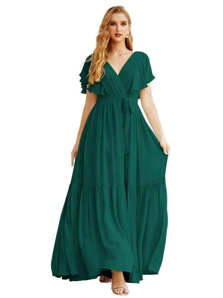 Women's Open Back Formal Evening Party Prom Gowns V-Neck Long Chiffon Bridesmaid Dresses with Waist Belt SEA28038 by numbersea