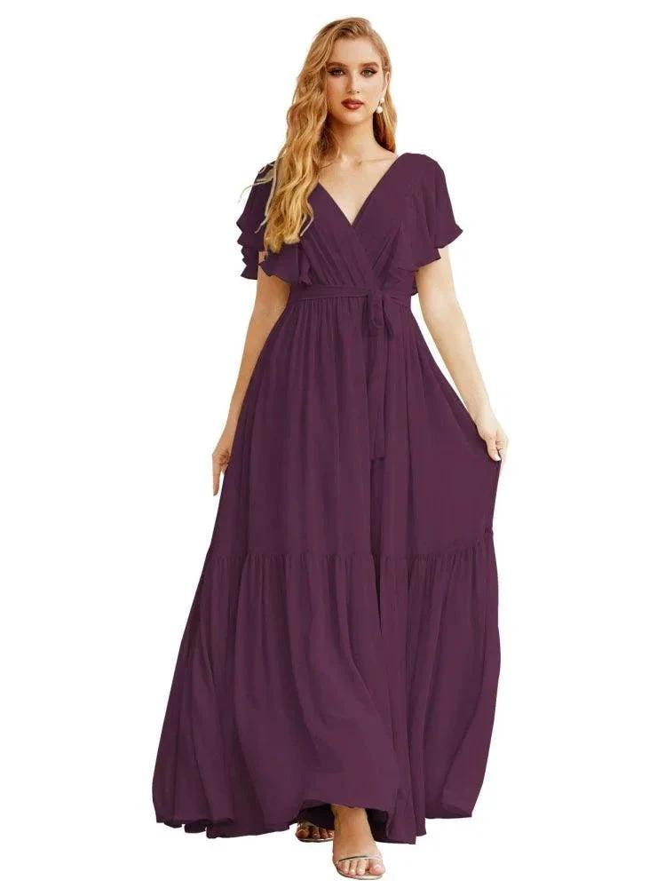Women's Open Back Formal Evening Party Prom Gowns V-Neck Long Chiffon Bridesmaid Dresses with Waist Belt SEA28038 by numbersea