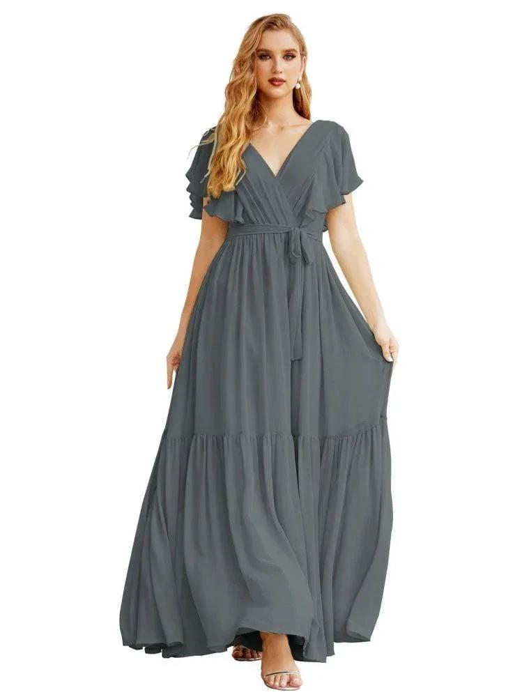 Women's Open Back Formal Evening Party Prom Gowns V-Neck Long Chiffon Bridesmaid Dresses with Waist Belt SEA28038 by numbersea