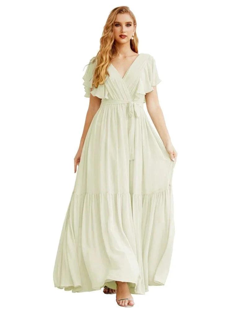 Women's Open Back Formal Evening Party Prom Gowns V-Neck Long Chiffon Bridesmaid Dresses with Waist Belt SEA28038 by numbersea