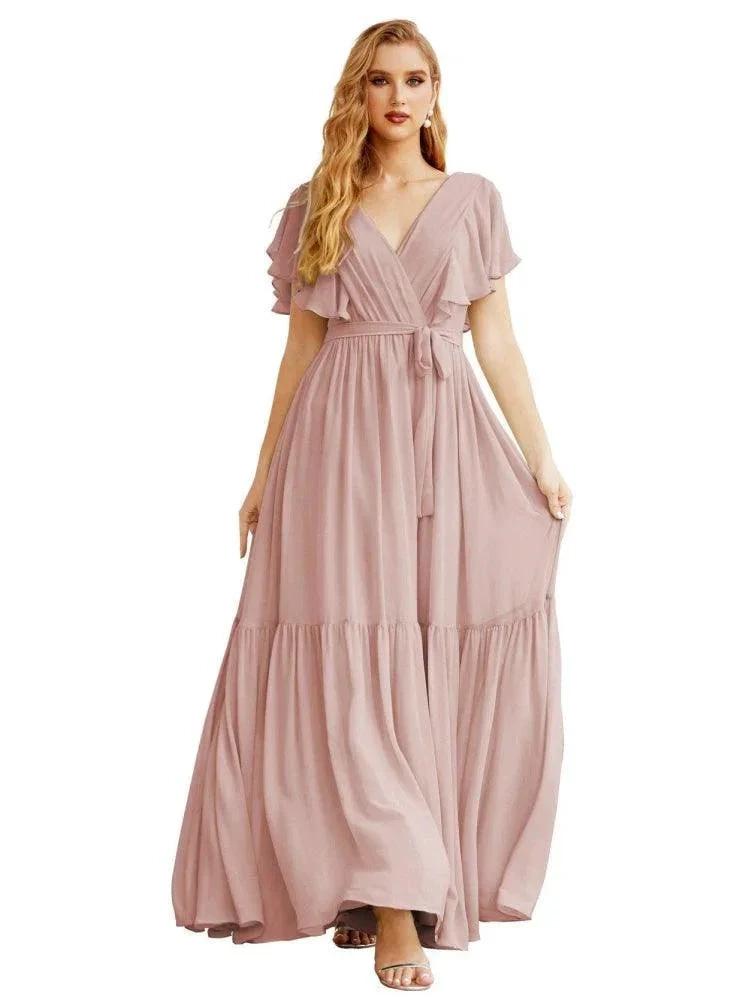 Women's Open Back Formal Evening Party Prom Gowns V-Neck Long Chiffon Bridesmaid Dresses with Waist Belt SEA28038 by numbersea