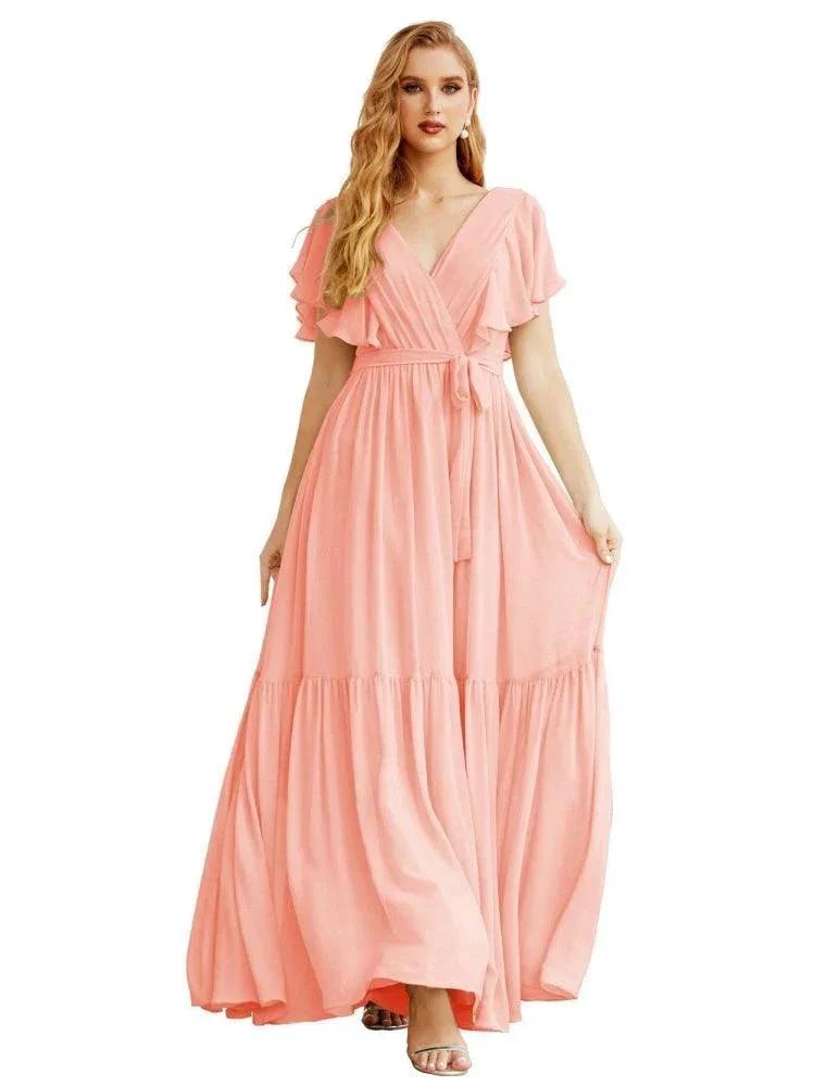 Women's Open Back Formal Evening Party Prom Gowns V-Neck Long Chiffon Bridesmaid Dresses with Waist Belt SEA28038 by numbersea