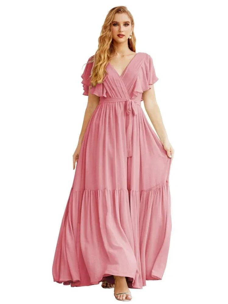 Women's Open Back Formal Evening Party Prom Gowns V-Neck Long Chiffon Bridesmaid Dresses with Waist Belt SEA28038 by numbersea